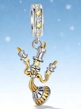 New! Gold Tone Beauty & the Beast Lumiere Candle 925 Sterling Silver Charm
